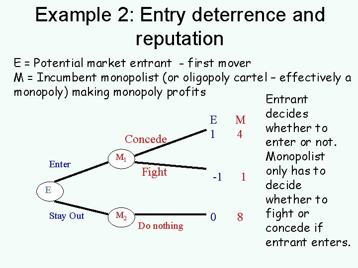 Example 2: Entry deterrence and reputation E = Potential market entrant - first mover Example 2: Entry deterrence and reputation E = Potential market entrant - first mover