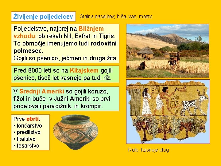 Življenje poljedelcev Stalna naselitev; hiša, vas, mesto Poljedelstvo, najprej na Bližnjem vzhodu, ob rekah