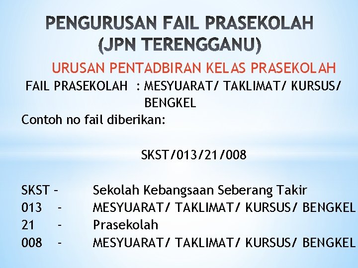 URUSAN PENTADBIRAN KELAS PRASEKOLAH FAIL PRASEKOLAH : MESYUARAT/ TAKLIMAT/ KURSUS/ BENGKEL Contoh no fail