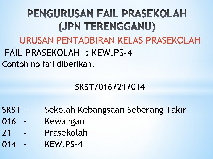 URUSAN PENTADBIRAN KELAS PRASEKOLAH FAIL PRASEKOLAH : KEW. PS-4 Contoh no fail diberikan: SKST/016/21/014