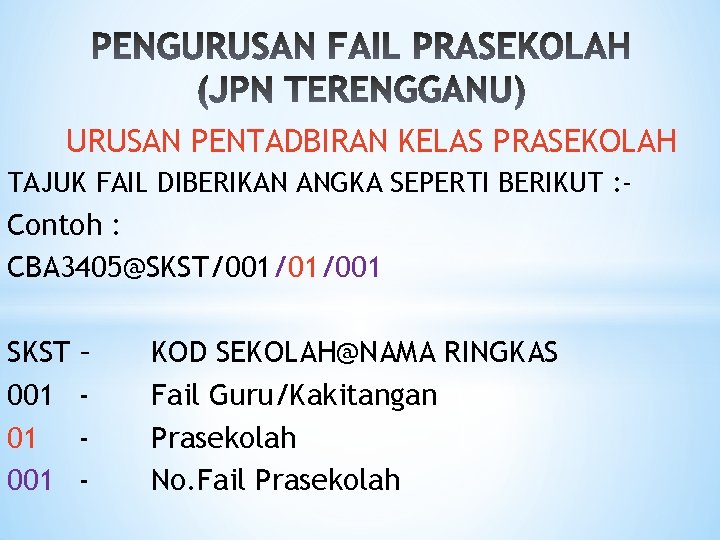 URUSAN PENTADBIRAN KELAS PRASEKOLAH TAJUK FAIL DIBERIKAN ANGKA SEPERTI BERIKUT : - Contoh :