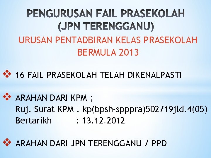 URUSAN PENTADBIRAN KELAS PRASEKOLAH BERMULA 2013 v 16 FAIL PRASEKOLAH TELAH DIKENALPASTI v ARAHAN