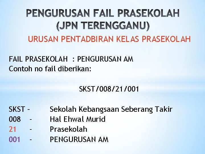 URUSAN PENTADBIRAN KELAS PRASEKOLAH FAIL PRASEKOLAH : PENGURUSAN AM Contoh no fail diberikan: SKST/008/21/001