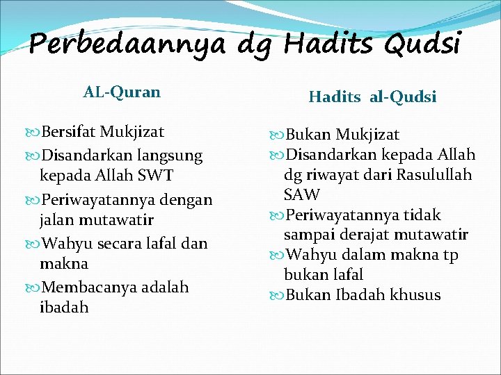 Perbedaannya dg Hadits Qudsi AL-Quran Hadits al-Qudsi Bersifat Mukjizat Disandarkan langsung kepada Allah SWT