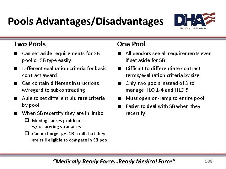 Pools Advantages/Disadvantages Two Pools One Pool ∎ Can set aside requirements for SB pool