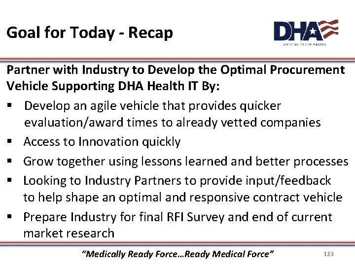 Goal for Today - Recap Partner with Industry to Develop the Optimal Procurement Vehicle