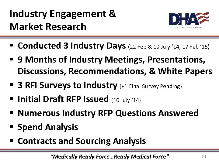 Industry Engagement & Market Research § Conducted 3 Industry Days (22 Feb & 10