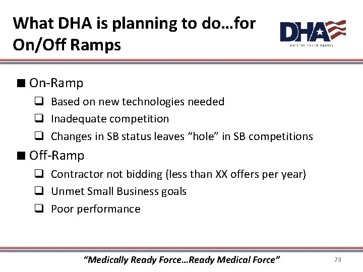 What DHA is planning to do…for On/Off Ramps ∎ On-Ramp q Based on new