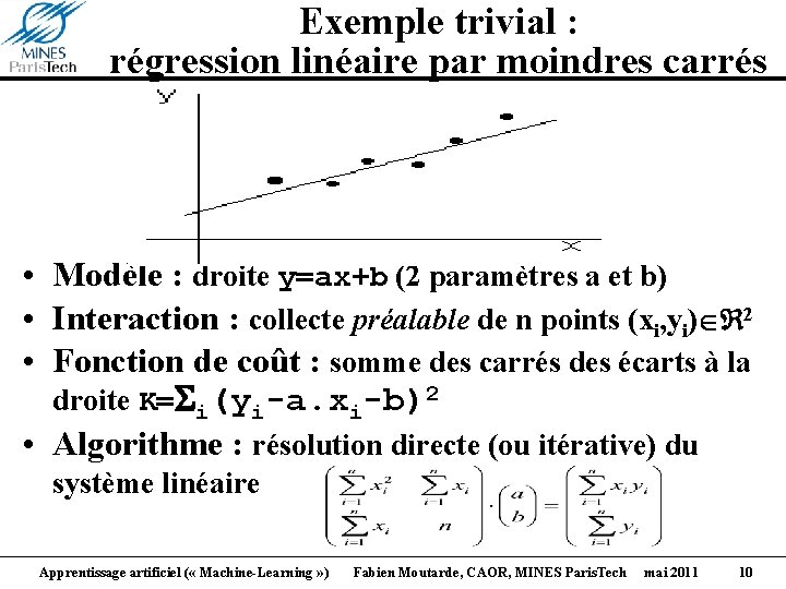 Exemple trivial : régression linéaire par moindres carrés • Modèle : droite y=ax+b (2