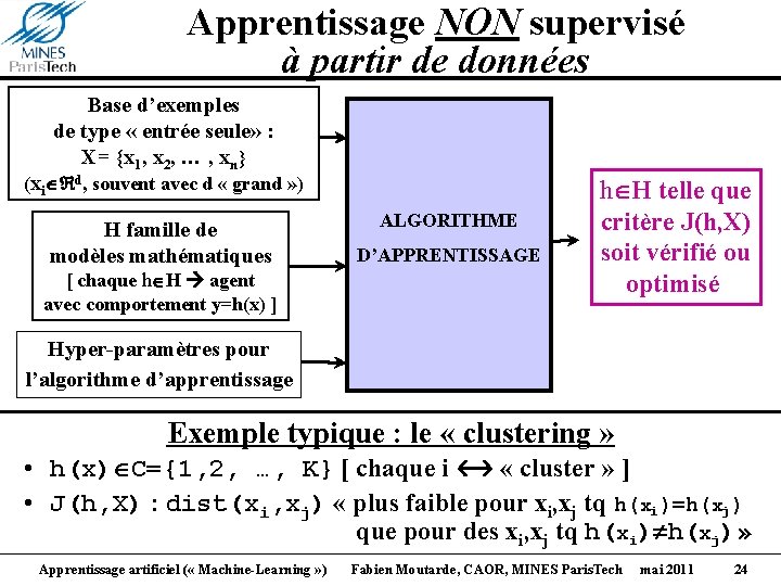 Apprentissage NON supervisé à partir de données Base d’exemples de type « entrée seule»