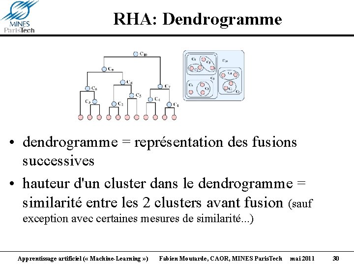 RHA: Dendrogramme • dendrogramme = représentation des fusions successives • hauteur d'un cluster dans