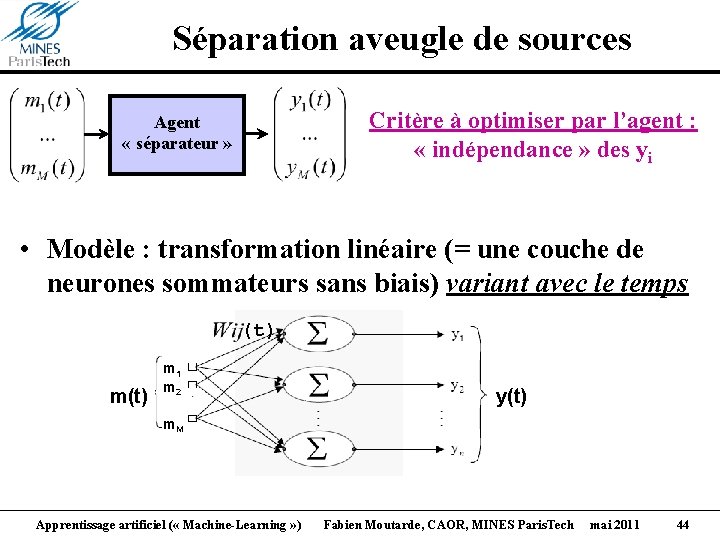 Séparation aveugle de sources Critère à optimiser par l’agent : « indépendance » des