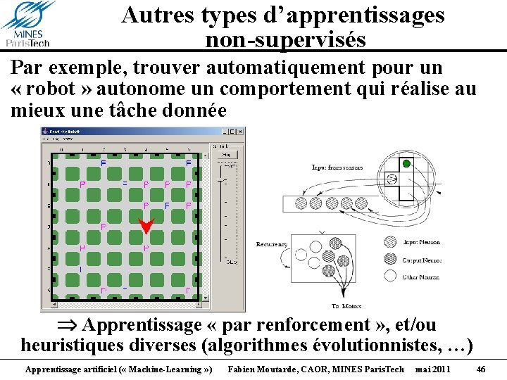 Autres types d’apprentissages non-supervisés Par exemple, trouver automatiquement pour un « robot » autonome