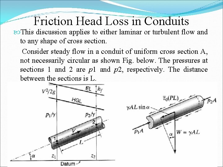 Friction Head Loss in Conduits This discussion applies to either laminar or turbulent flow