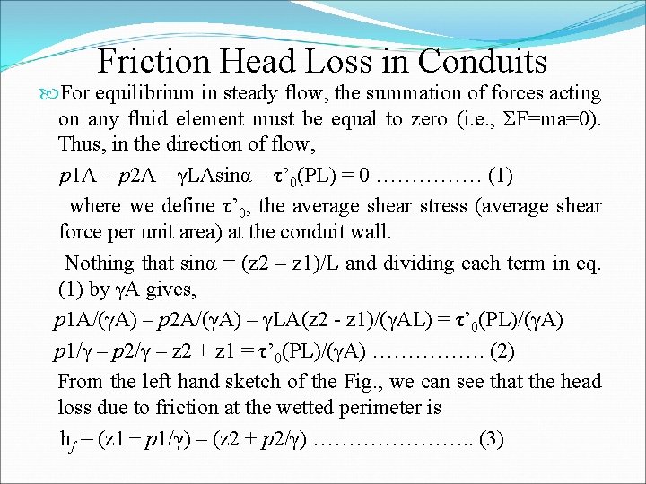 Friction Head Loss in Conduits For equilibrium in steady flow, the summation of forces