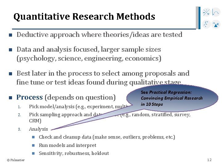 Quantitative Research Methods n Deductive approach where theories/ideas are tested n Data and analysis