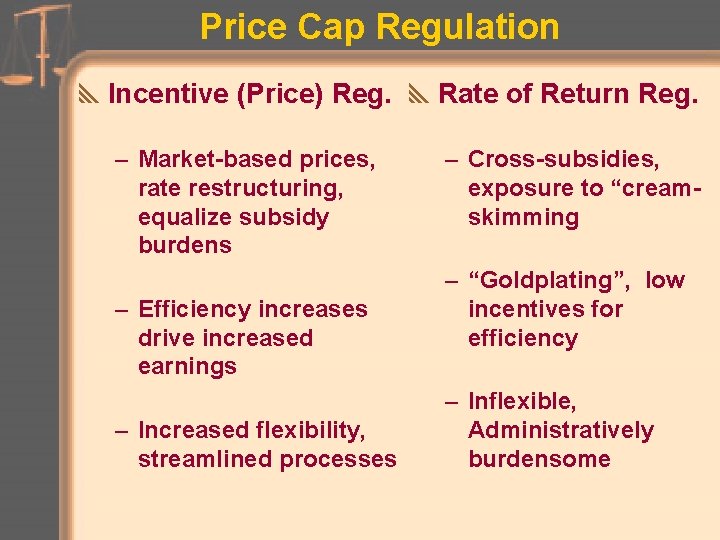 Price Cap Regulation y. Incentive (Price) Reg. y. Rate of Return Reg. – Market-based