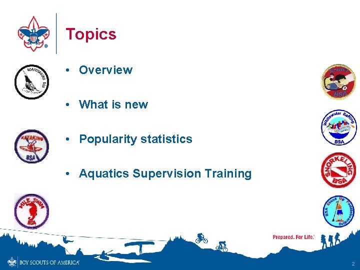 Topics • Overview • What is new • Popularity statistics • Aquatics Supervision Training