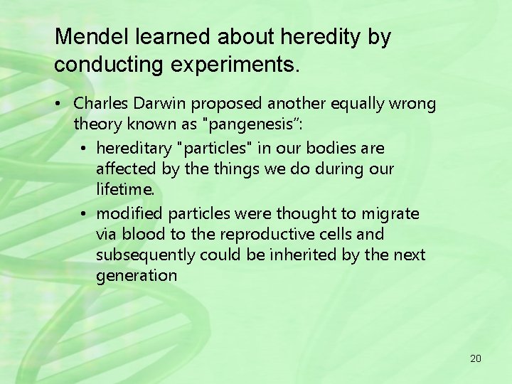 Mendel learned about heredity by conducting experiments. • Charles Darwin proposed another equally wrong