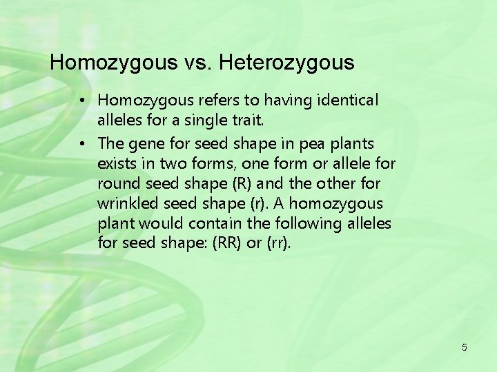 Homozygous vs. Heterozygous • Homozygous refers to having identical alleles for a single trait.