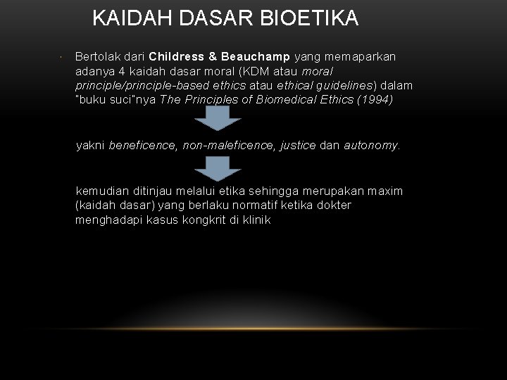 KAIDAH DASAR BIOETIKA Bertolak dari Childress & Beauchamp yang memaparkan adanya 4 kaidah dasar