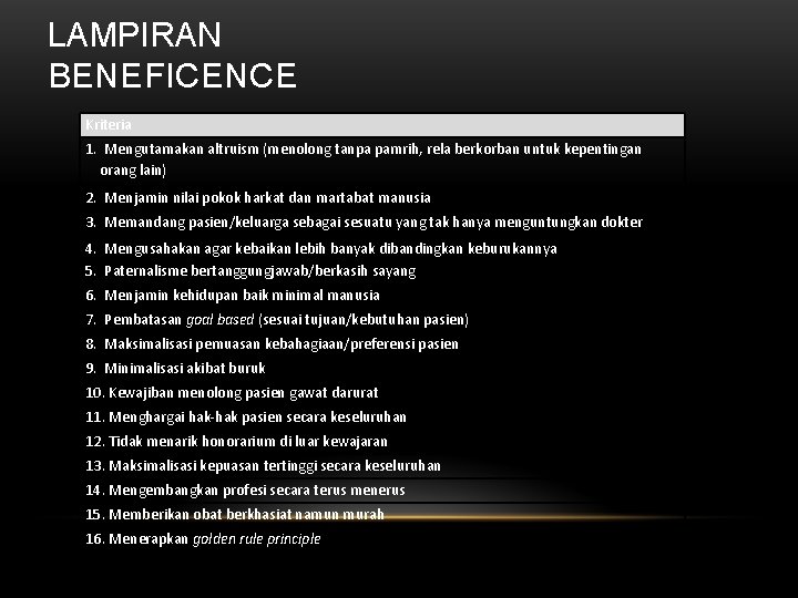 LAMPIRAN BENEFICENCE Kriteria 1. Mengutamakan altruism (menolong tanpa pamrih, rela berkorban untuk kepentingan orang