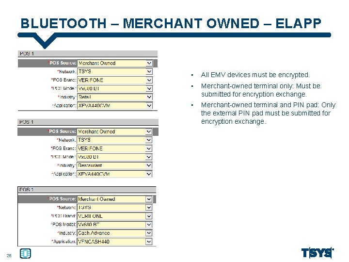 BLUETOOTH – MERCHANT OWNED – ELAPP 28 • All EMV devices must be encrypted.