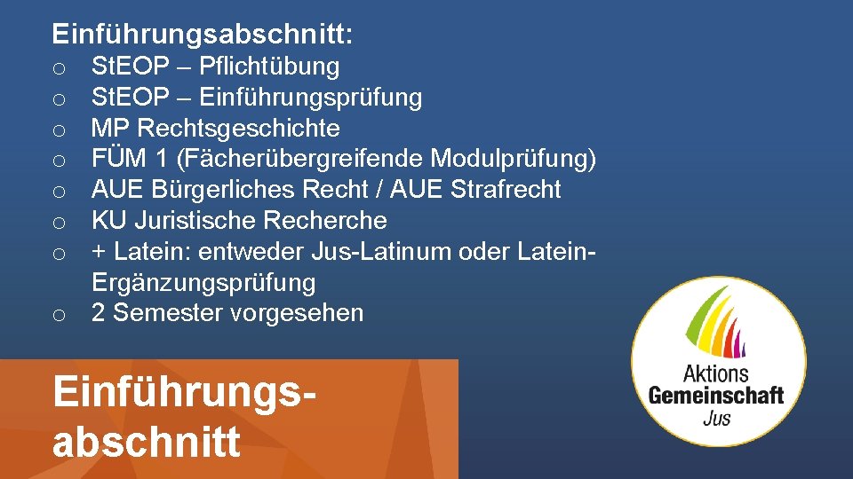 Einführungsabschnitt: St. EOP – Pflichtübung St. EOP – Einführungsprüfung MP Rechtsgeschichte FÜM 1 (Fächerübergreifende