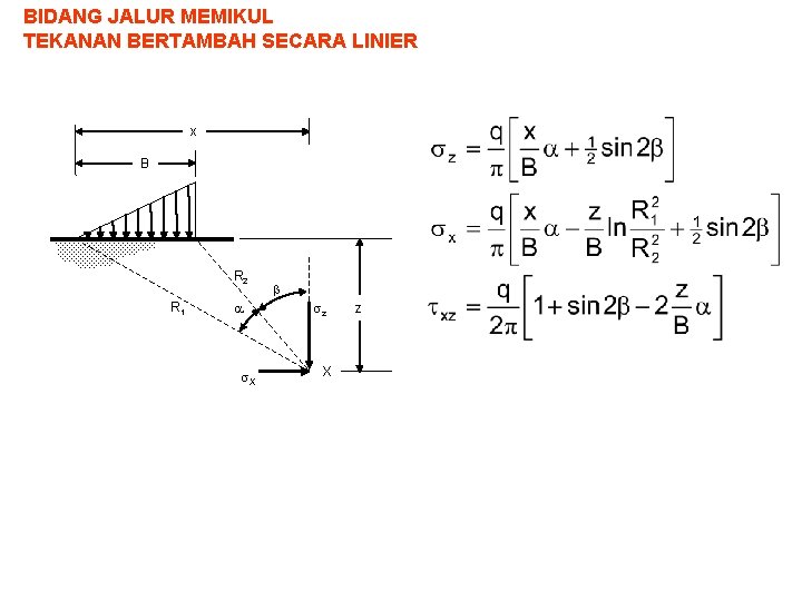 BIDANG JALUR MEMIKUL TEKANAN BERTAMBAH SECARA LINIER x B R 2 R 1 X