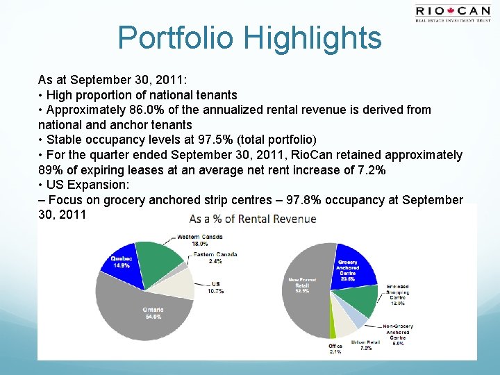 Portfolio Highlights As at September 30, 2011: • High proportion of national tenants •