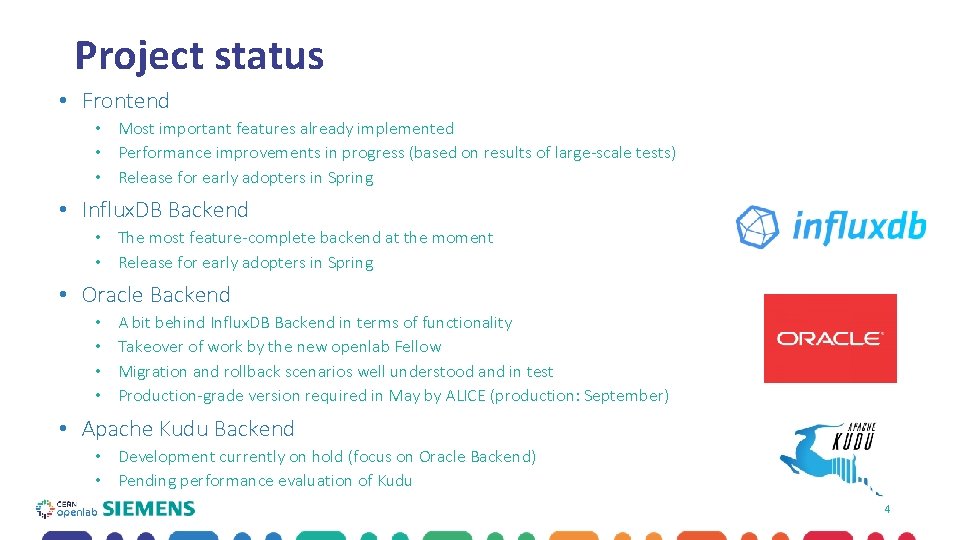 Project status • Frontend • Most important features already implemented • Performance improvements in