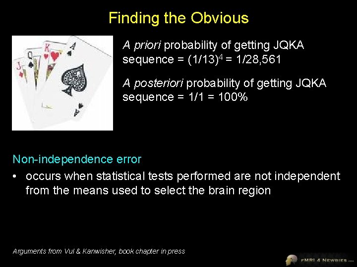 Finding the Obvious A priori probability of getting JQKA sequence = (1/13)4 = 1/28,