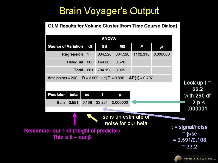 Brain Voyager’s Output Look up t = 33. 2 with 260 df p<. 000001