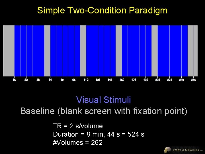 Simple Two-Condition Paradigm Visual Stimuli Baseline (blank screen with fixation point) TR = 2