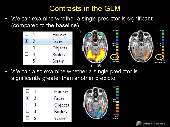 Contrasts in the GLM • We can examine whether a single predictor is significant