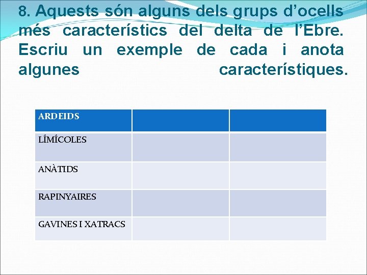 8. Aquests són alguns dels grups d’ocells més característics delta de l’Ebre. Escriu un