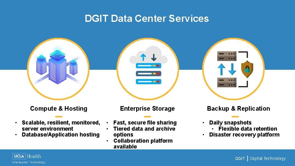 DGIT Data Center Services Compute & Hosting • Scalable, resilient, monitored, server environment •