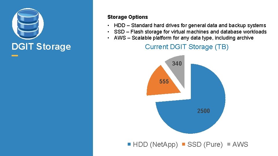 Storage Options • HDD – Standard hard drives for general data and backup systems
