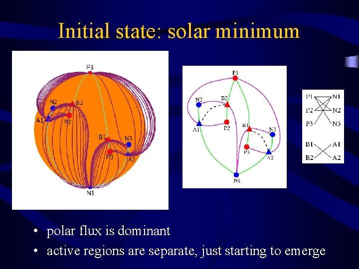 Initial state: solar minimum • polar flux is dominant • active regions are separate,