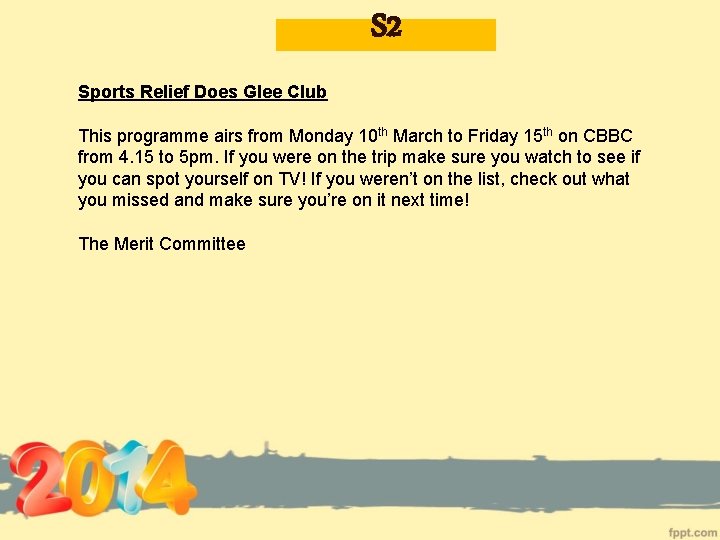 S 2 Sports Relief Does Glee Club This programme airs from Monday 10 th