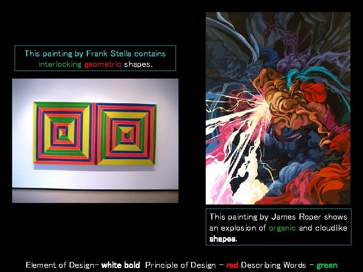 This painting by Frank Stella contains interlocking geometric shapes. This painting by James Roper This painting by Frank Stella contains interlocking geometric shapes. This painting by James Roper