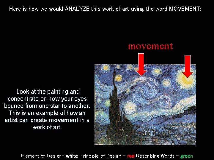 Here is how we would ANALYZE this work of art using the word MOVEMENT: