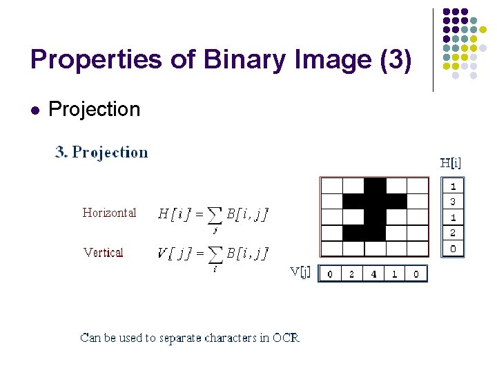 Properties of Binary Image (3) l Projection 11 
