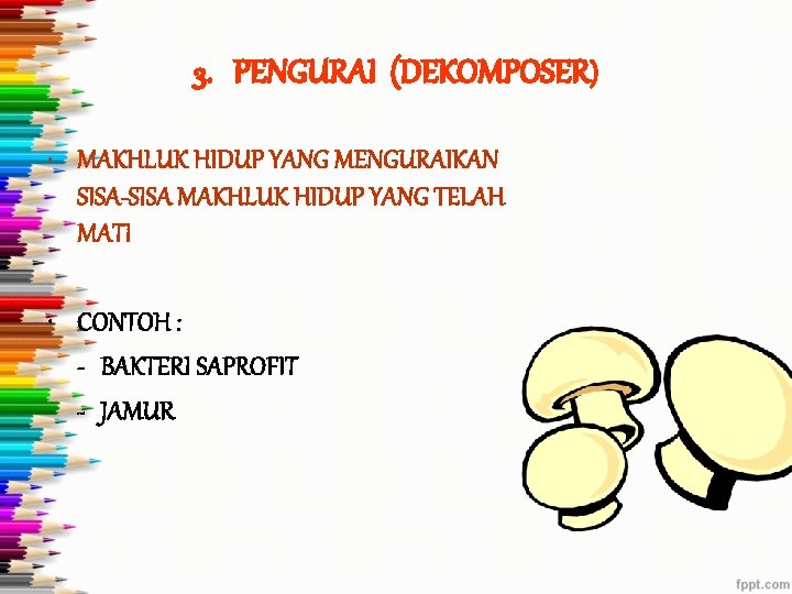 3. PENGURAI (DEKOMPOSER) • MAKHLUK HIDUP YANG MENGURAIKAN SISA-SISA MAKHLUK HIDUP YANG TELAH MATI