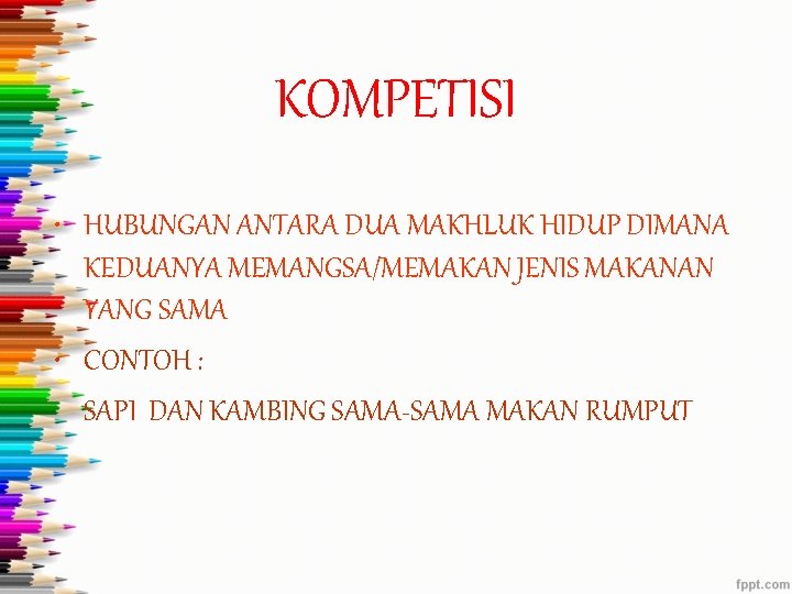 KOMPETISI • HUBUNGAN ANTARA DUA MAKHLUK HIDUP DIMANA KEDUANYA MEMANGSA/MEMAKAN JENIS MAKANAN YANG SAMA