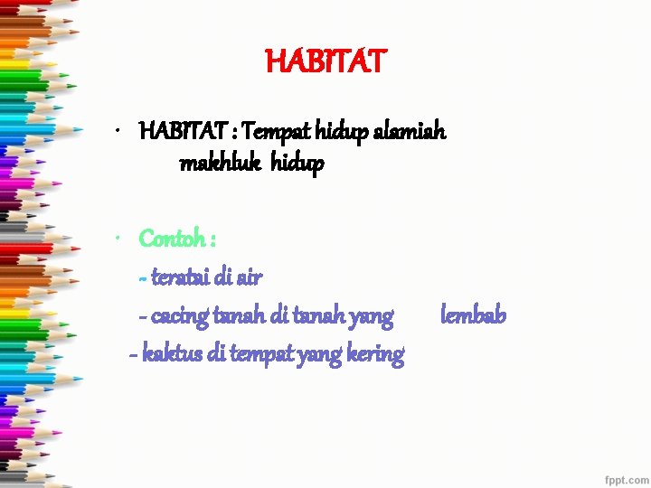 HABITAT • HABITAT : Tempat hidup alamiah makhluk hidup • Contoh : - teratai
