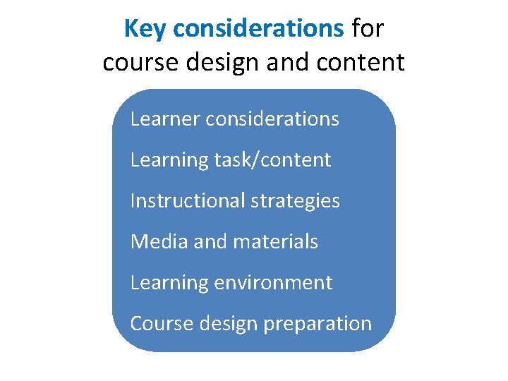 Key considerations for course design and content Learner considerations Learning task/content Instructional strategies Media