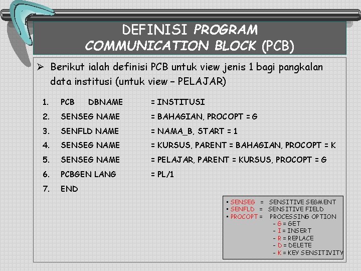 DEFINISI PROGRAM COMMUNICATION BLOCK (PCB) Ø Berikut ialah definisi PCB untuk view jenis 1