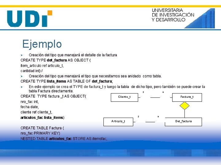 Ejemplo Creación del tipo que manejará el detalle de la factura CREATE TYPE det_factura