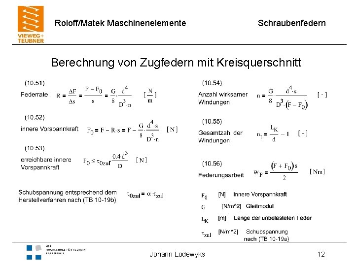 Roloff/Matek Maschinenelemente Schraubenfedern Berechnung von Zugfedern mit Kreisquerschnitt Johann Lodewyks 12 
